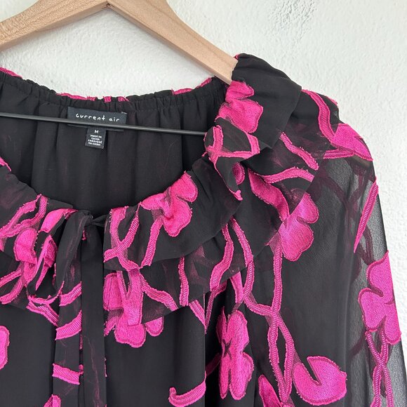 Current Air Anthropologie Blouse M Black Pink Floral Embroidered Top - Picture 2 of 10